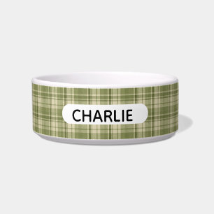 Personalised Green Farmhouse Style Plaid Pet Bowl