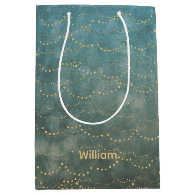 Personalised Green& Faux Gold Fairy Litghts Medium Gift Bag (Front)