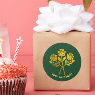 Personalised Green Faux Gold Floral Roses Classic Round Sticker