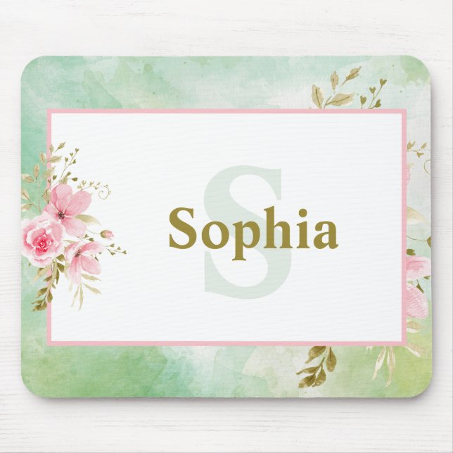 Personalised Green Floral with Name and Monogram Mouse Pad (Front)