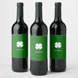 Personalised Green Four Leaf Clover Irish  Wine Label