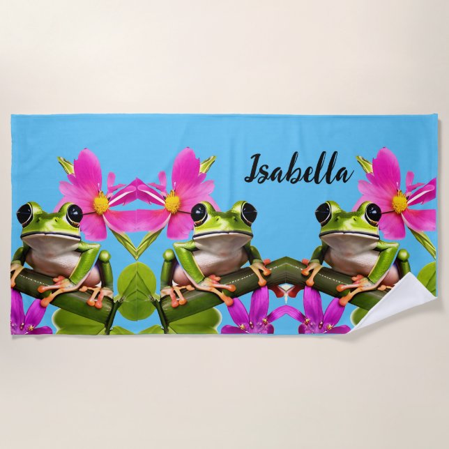 Personalised Green Frog Surrounded by Pink Flowers Beach Towel (Front)