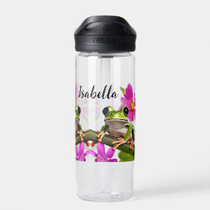 Personalised Green Frog Surrounded by Pink Flowers Water Bottle