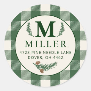 Personalised Green Gingham Christmas Monogram Classic Round Sticker