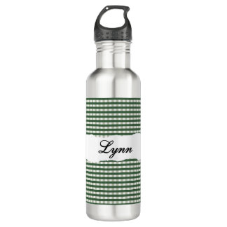 Personalised Green Gingham Pattern & Custom Name 710 Ml Water Bottle