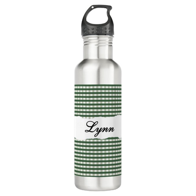 Personalised Green Gingham Pattern & Custom Name 710 Ml Water Bottle (Front)