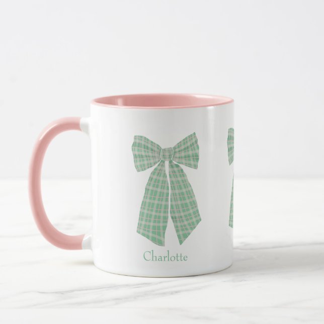 Personalised Green Gingham Romantic Coquette Bow Mug (Left)