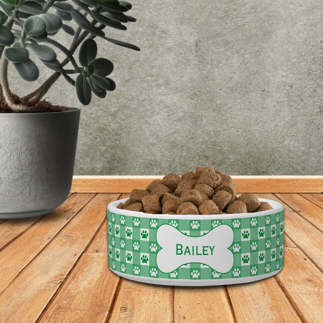 Personalised Green Gingham with Paw Prints Bone Bowl (Creator Uploaded)