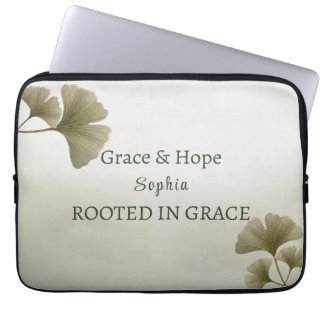 Personalised Green Ginkgo Leaf Custom Name Laptop Sleeve