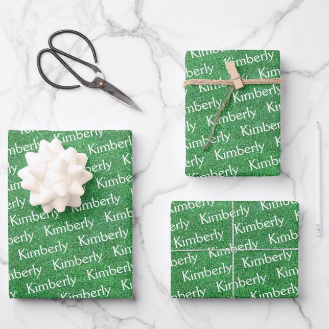 Personalised Green Glitter Name Wrapping Paper Sheet (Front)