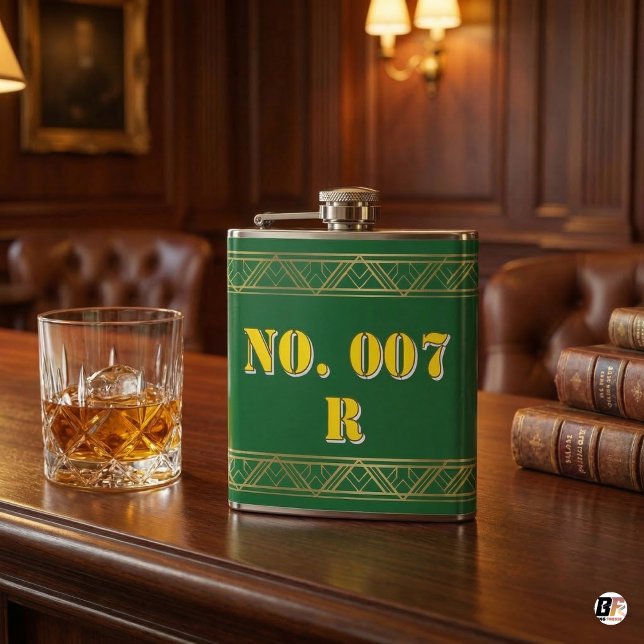 Personalised Green & Gold Art Deco Custom Text Vin Hip Flask (Creator Uploaded)