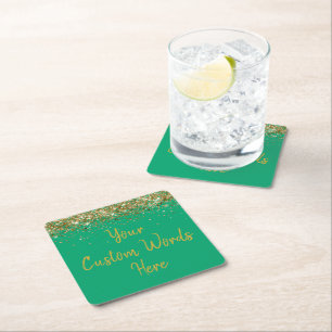 Personalised Green Gold Birthday Party Anniversary Square Paper Coaster