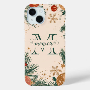 Personalised Green Gold Christmas Monogram iPhone 15 Case