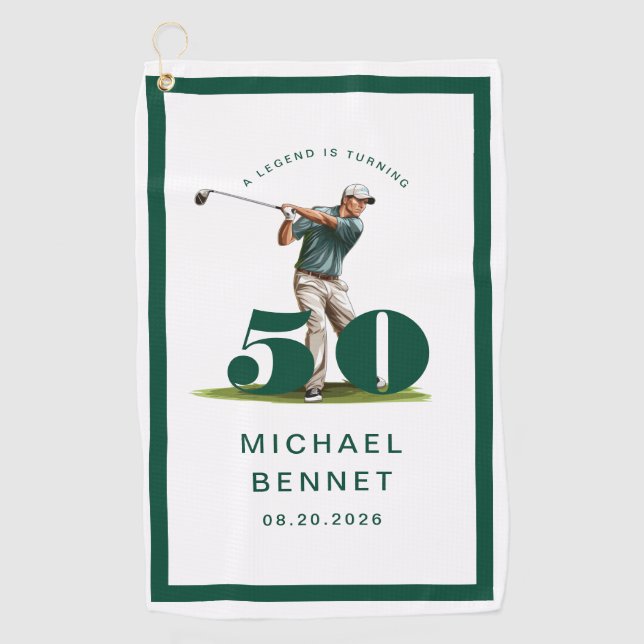 Personalised Green Golf 50th Birthday Towel (Front)