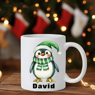 Personalised Green Hat Penguin Custom Name Mug