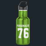 Personalised green metal sports water bottle<br><div class="desc">Personalised green stainless steel sports water bottle. Custom shiny metal water bottle in many other colours. Great for sports teams and outdoor activities. ie basketball, baseball, football, tennis, soccer, volleyball etc. Personalise with your own name, jersey number, initials or slogan in big letters. Cool sporty college typography. Suitable for sporty...</div>