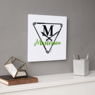 Personalised Green Monogram/Name Unique Golf Clubs Square Wall Clock