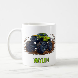 Personalised Green Monster Truck Kids With Name Coffee Mug