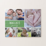 Personalised Green Photo Collage Family Jigsaw Puzzle<br><div class="desc">Customise this puzzle with their family photos as a fun gift. Change all the photos and family name. Green block. Personalise this puzzle with 5 photos of your family, consider also including pets, baby, grandparents, aunts, and uncles etc. for a fun gift for family reunions, holiday gatherings, wedding favours and...</div>