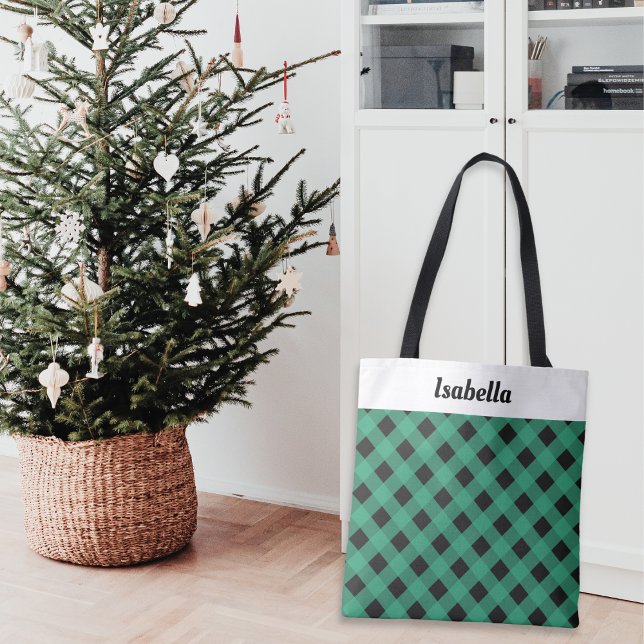 Personalised Green Plaid Buffalo Check Patterned Tote Bag (An elegant personalized tote bag, ideal for Christmas shopping, with green buffalo check pattern)