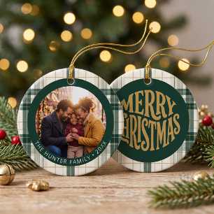 Personalised Green Plaid Family Photo Ceramic Tree Decoration