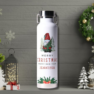 Personalised Green Red Modern Merry Christmas Water Bottle