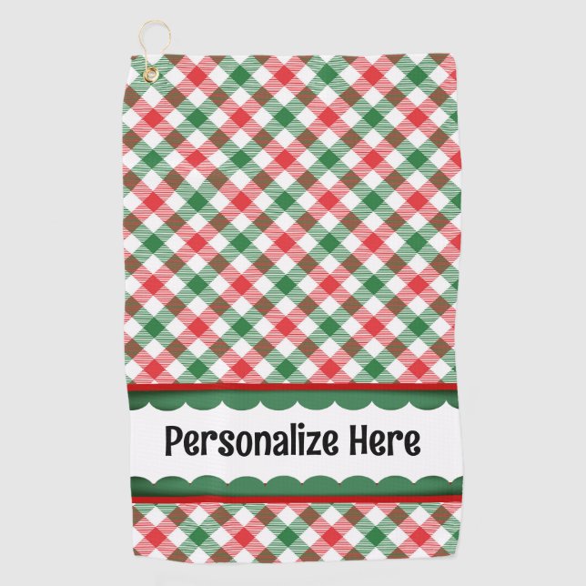 Personalised Green Red White Plaid Check  Golf Towel (Front)