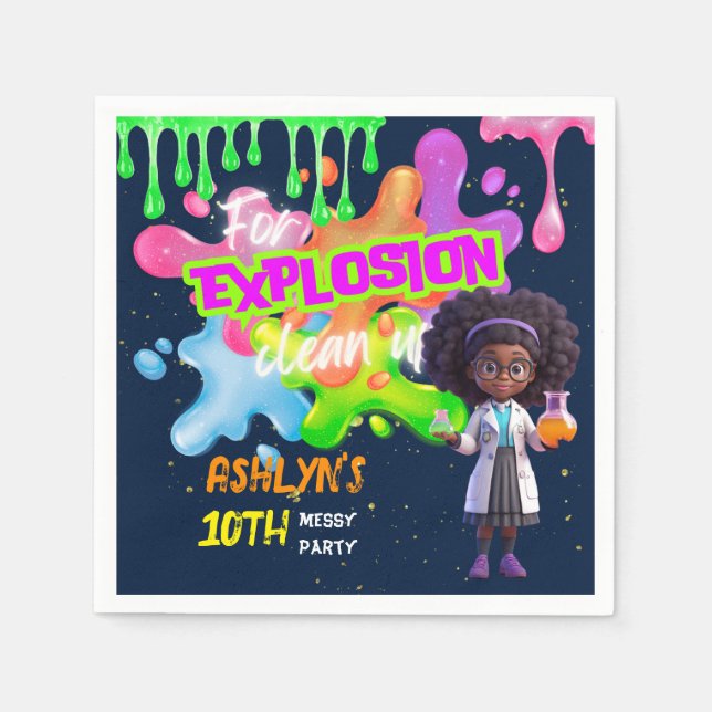 Personalised Green Slime Curly Hair Girl Scientist Napkin (Front)