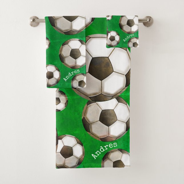 Personalised Green Soccer Field | Soccer Balls Bath Towel Set (Insitu)