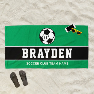 Personalised Green Soccer Player Name Beach Towel
