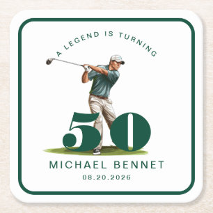 Personalised Green Sports Golf 50th Birthday Square Paper Coaster
