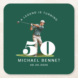 Personalised Green Sports Golfer 50th Birthday Square Paper Coaster