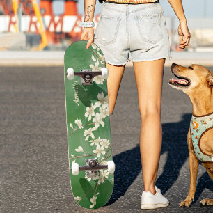 Personalised Green Spring White Flowers Skateboard