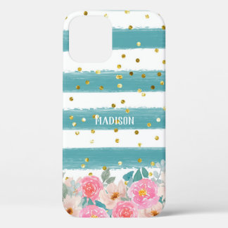 Personalised Green Stripes Floral Sparkles iPhone 12 Case