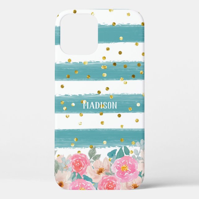  Personalised Green Stripes Floral Sparkles Case-Mate iPhone Case (Back)