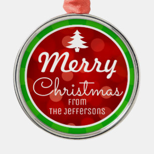 Personalised Green Stripes Red Bokeh Christmas Metal Tree Decoration