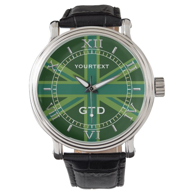 Personalised Green Teal Union Jack Flag Style Dial Watch (Front)