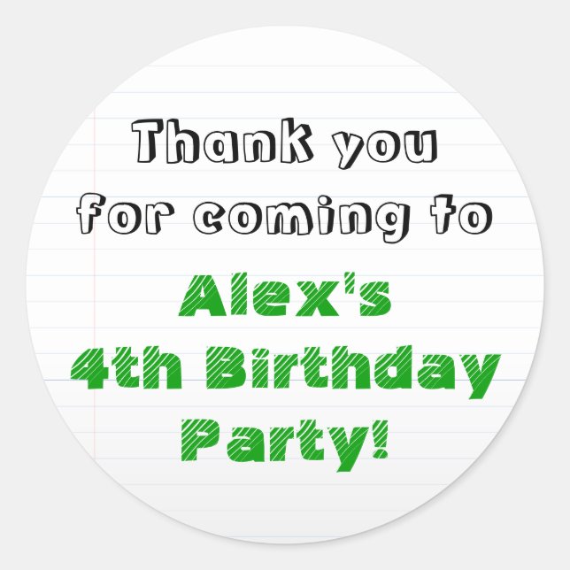 Personalised Green Thank You Birthday Party Classic Round Sticker (Front)