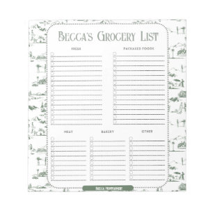 Personalised Green Toile Grocery List Notepad