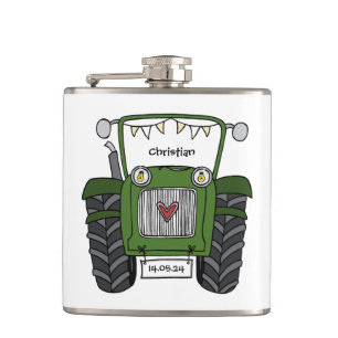 Personalised Green Tractor Country Wedding Gift Hip Flask