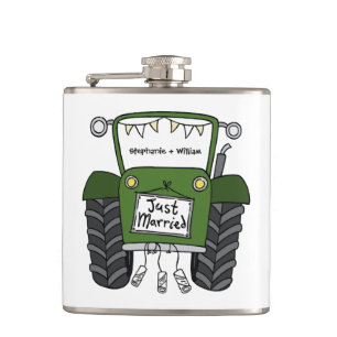 Personalised Green Tractor Country Wedding Gift Hip Flask