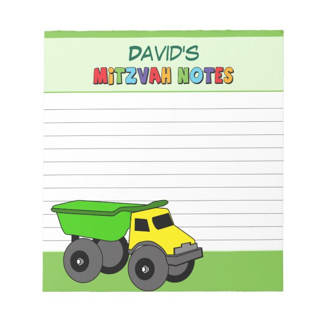 Personalised Green Truck Mitzvah Notepad (Front)