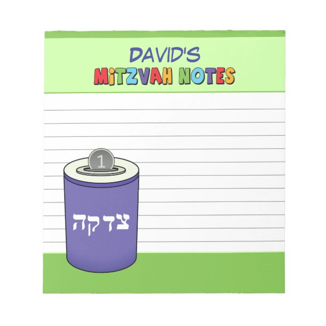 Personalised Green Tzedekah Mitzvah Notepad (Front)