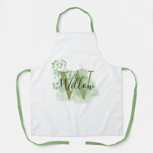 Personalised Green Watercolor & Floral Initial Apron
