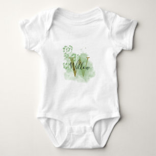 Personalised Green Watercolor & Floral Initial  Baby Bodysuit