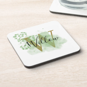 Personalised Green Watercolor & Floral Initial Coaster