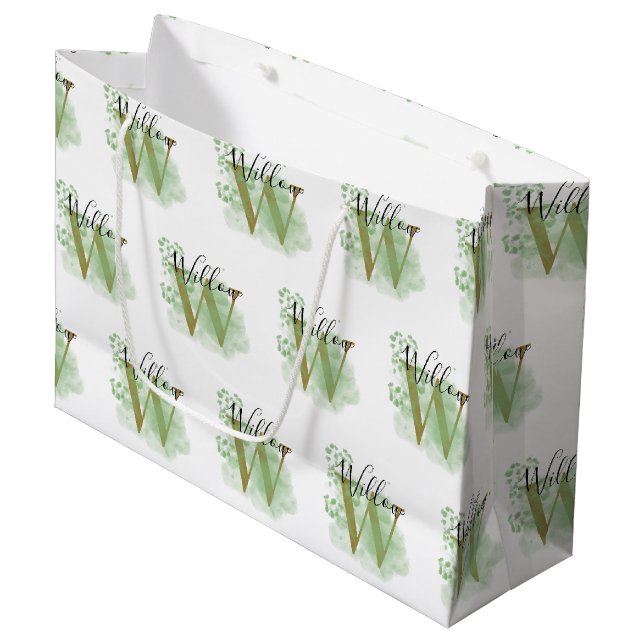 Personalised Green Watercolor & Floral Initial  Large Gift Bag (Front Angled)