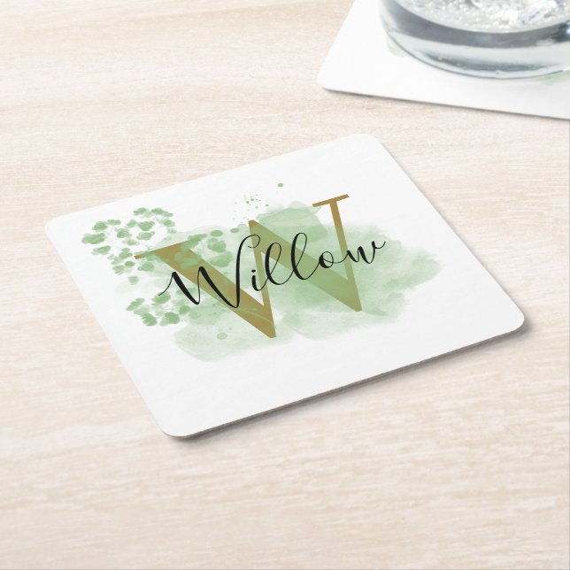 Personalised Green Watercolor & Floral Initial  Square Paper Coaster (Angled)