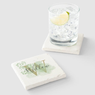 Personalised Green Watercolor & Floral Initial Stone Coaster