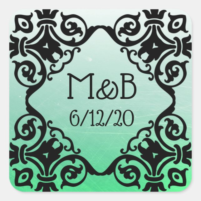 Personalised Green Wedding Date & Initials Sticker (Front)